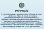Covid–19: Comunicado Conjunto: Tribunal de Justiça, Ministério Público, Tribunal de Contas e Defensoria Pública do Estado de Rondônia