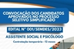 SEMDES publica edital de convocação do Processo Seletivo Simplificado para contratação temporária de Assistente Social