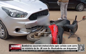Bombeiros socorrem motociclista ap&oacute;s colis&atilde;o com carro na rotat&oacute;ria da Av. JK com Av. Machadinho em Ariquemes &ndash; V&iacute;deo