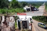 Caminhão é atingido por outro em trecho esburacado e tomba na BR–364