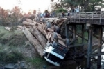 UNIÃO BANDEIRANTES: Idoso morre após ponte quebrar e caminhão cheio de toras cair em lago