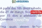 CORONAV&Iacute;RUS: Prefeitura de Ariquemes restringe atividade de com&eacute;rcio a partir deste s&aacute;bado (21)