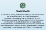 Covid&ndash;19: Comunicado Conjunto: Tribunal de Justi&ccedil;a, Minist&eacute;rio P&uacute;blico, Tribunal de Contas e Defensoria P&uacute;blica do Estado de Rond&ocirc;nia