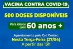 Est&aacute; aberto o agendamento pelo Call Center para vacina&ccedil;&atilde;o contra COVID&ndash;19 em idosos com 60 anos ou mais em Ariquemes &ndash; Confira