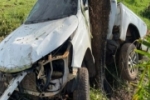 Motorista sai praticamente ileso ap&oacute;s caminhonete ficar totalmente destru&iacute;da ao colidir contra &aacute;rvore