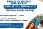 SEMDES abre Processo Seletivo Simplificado para contrata&ccedil;&atilde;o tempor&aacute;ria de Psic&oacute;logo e Assistente Social