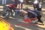 ARIQUEMES: Motociclista é socorrido pelo SAMU após grave colisão de moto com caminhão na Av. Quatro Cachoeiras